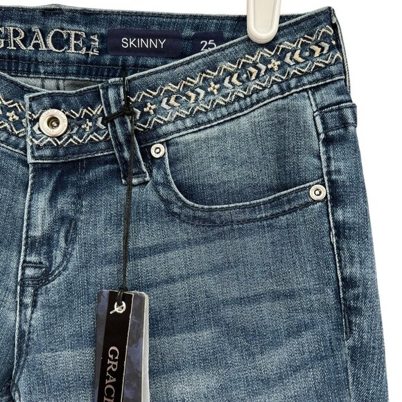 NWT GRACE in LA Women Embroidered Skinny Low Rise Stretch Blue Denim Jeans Sz 25 - Picture 5 of 12